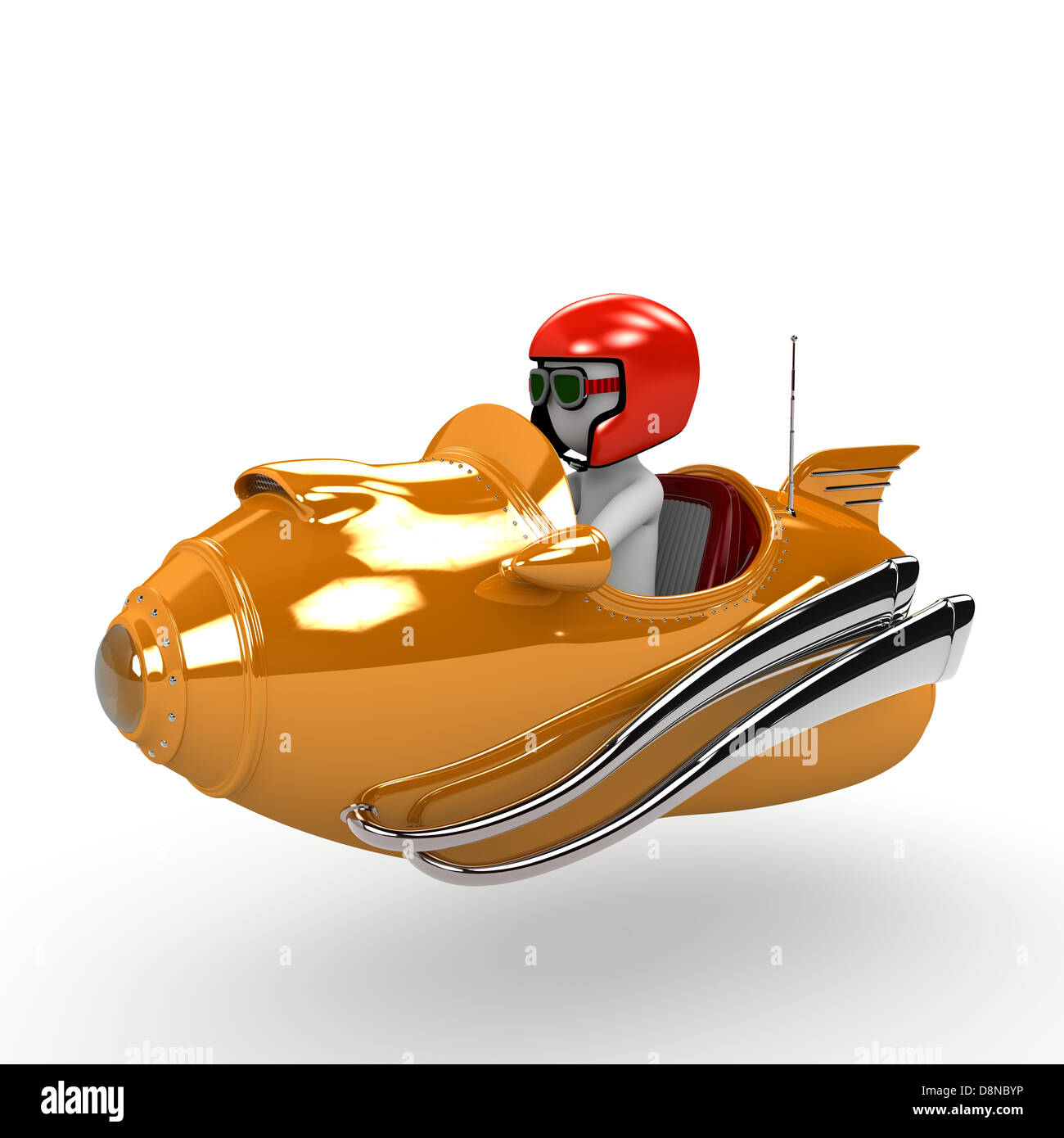 Ein Racer, sitzen in einem coolen orangen Rakete. Stockfoto