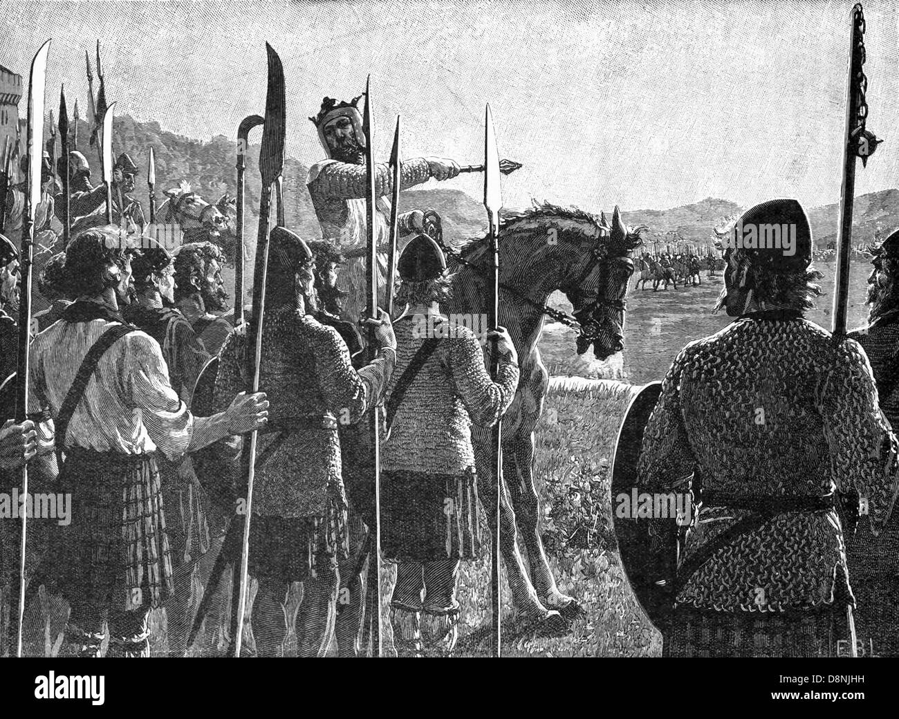 Robert the Bruce seine Truppen vor der Schlacht von Bannockburn überprüfen Stockfoto