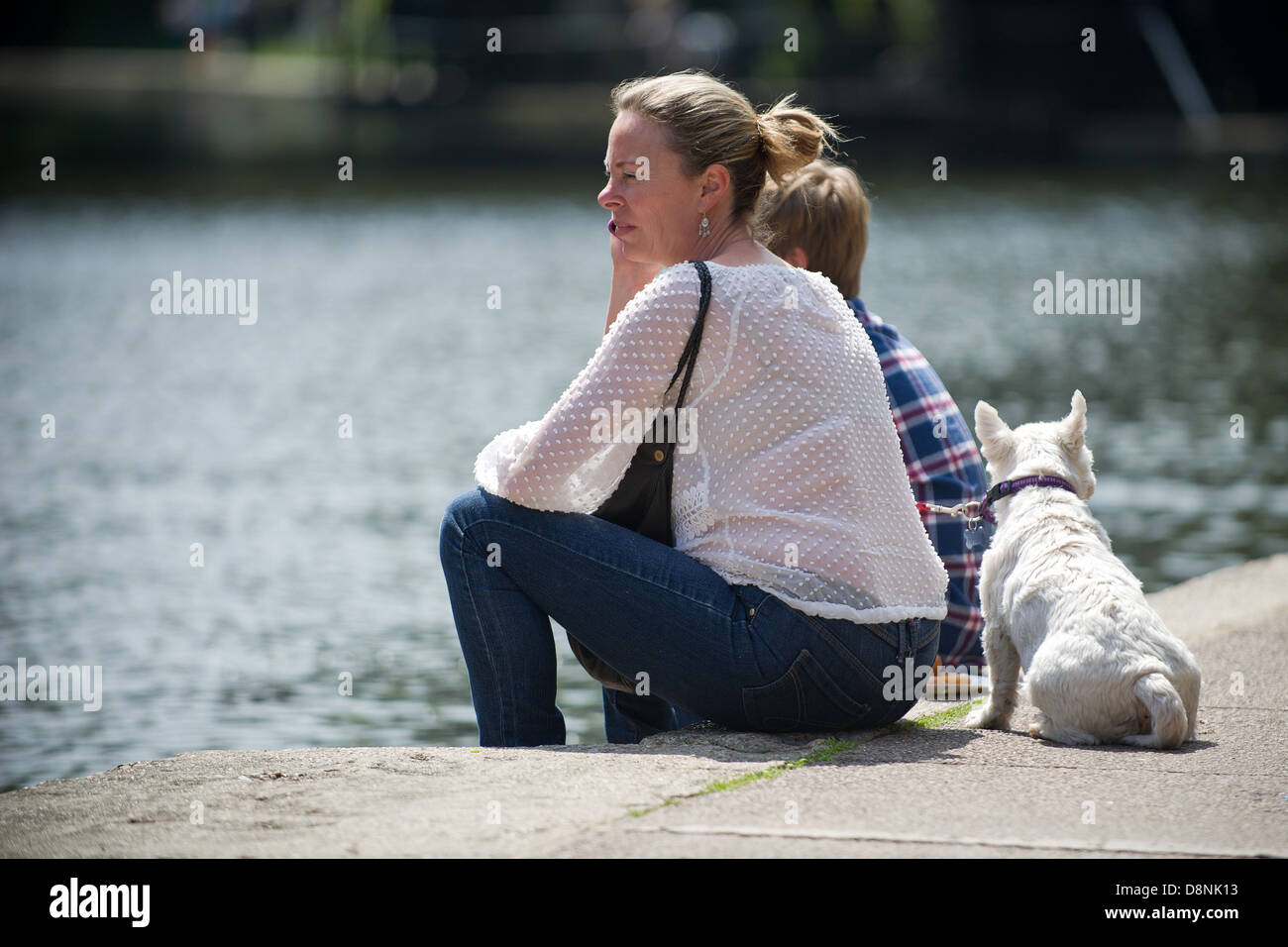 Eine Frau und ihr Hund sitzen am Rande des Regents Canal in Camden, London, UK, an einem sonnigen Tag. Stockfoto