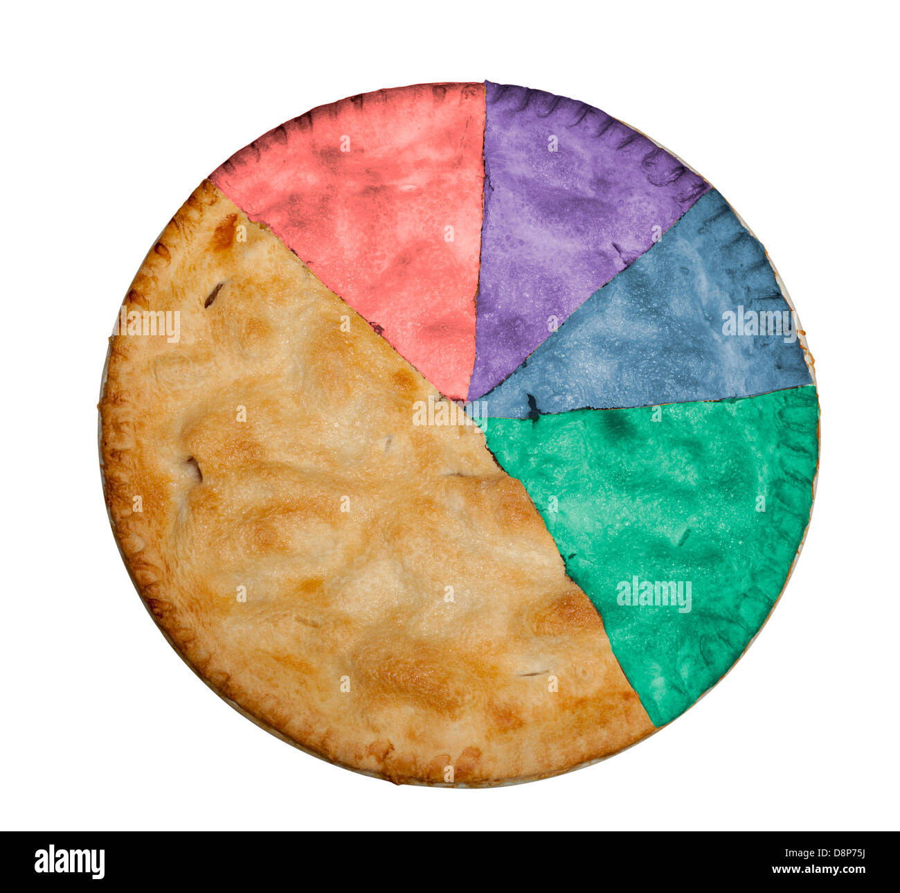 Apfelkuchen in Scheiben schneiden und mit Farben um ein Kreisdiagramm oder statistisches Modell Daten anzugeben Stockfoto