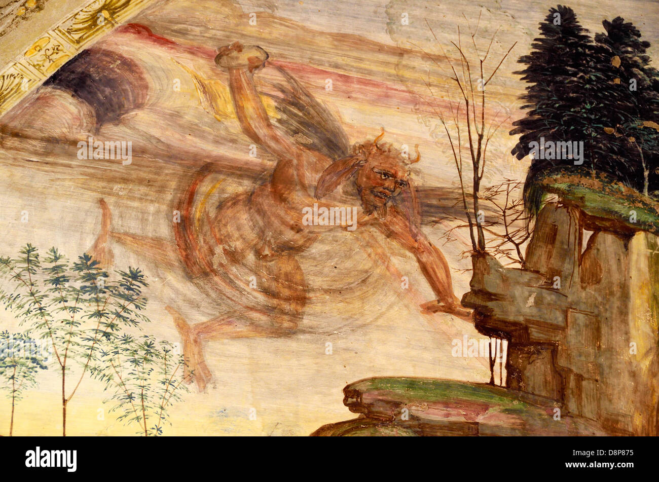 Gemälde von Satan im Kreuzgang der Abtei von Monte Oliveto Maggiore, Toskana, Italien. Stockfoto