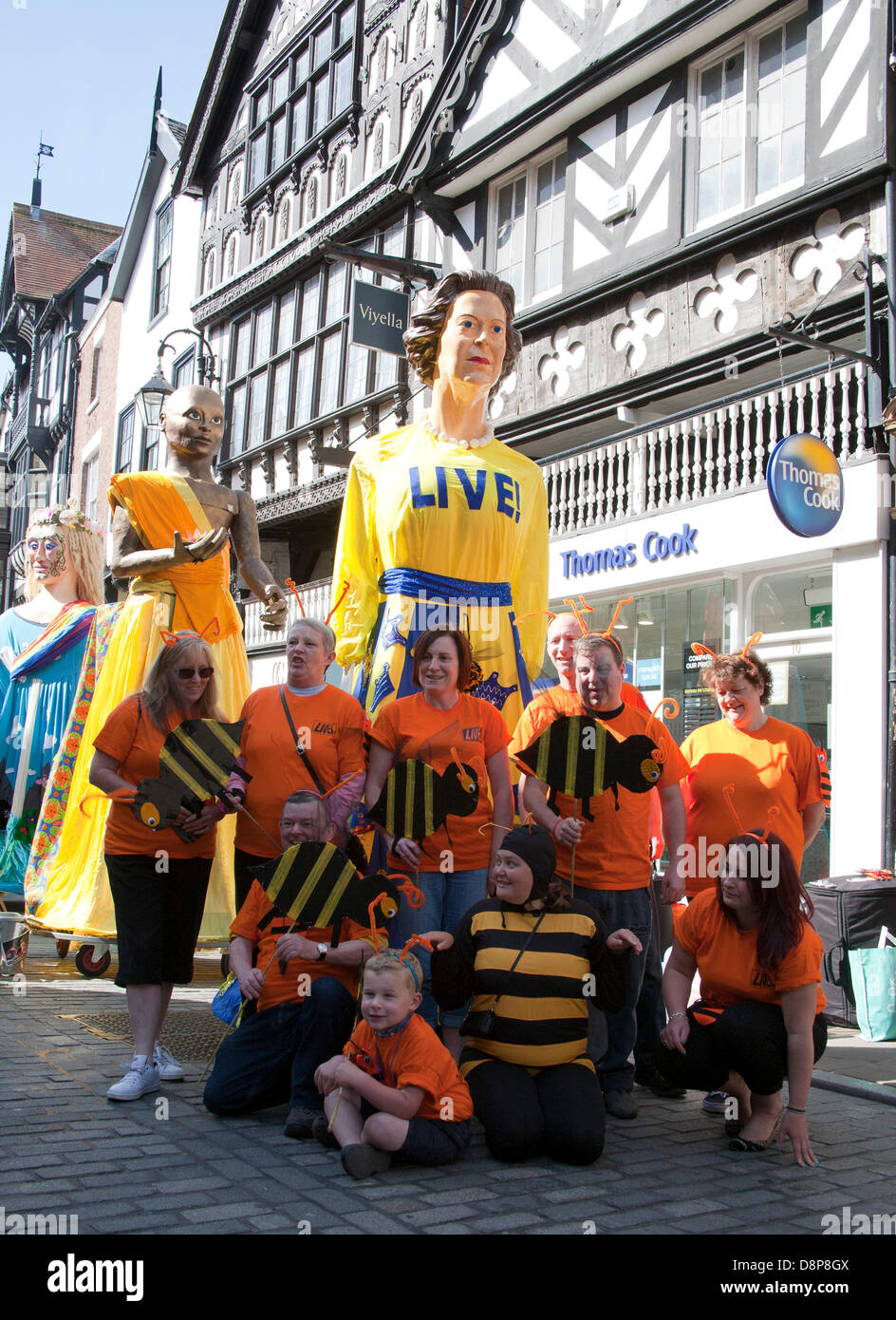 Chester, UK 2. Juni 2013. Leben Sie Nächstenliebe und ihre riesigen Chesters Carnival of Giants den 60. Jahrestag ihrer Majestät Krönung Jahr. 60 Riese Zeichen wurden von den Experten bei Chester Giant City geschaffen.  Die Riesen und ihre Teams feiern Elizabeth II Jubilee Krönung mit dem Thema Bugs, um die Not der bescheidenen Hummel zu markieren. Bildnachweis: Conrad Elias/Alamy Live-Nachrichten Stockfoto