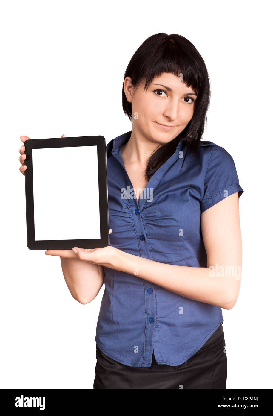 Business-Frau hält einen Tablet-Computer - auf einem weißen Hintergrund isoliert Stockfoto