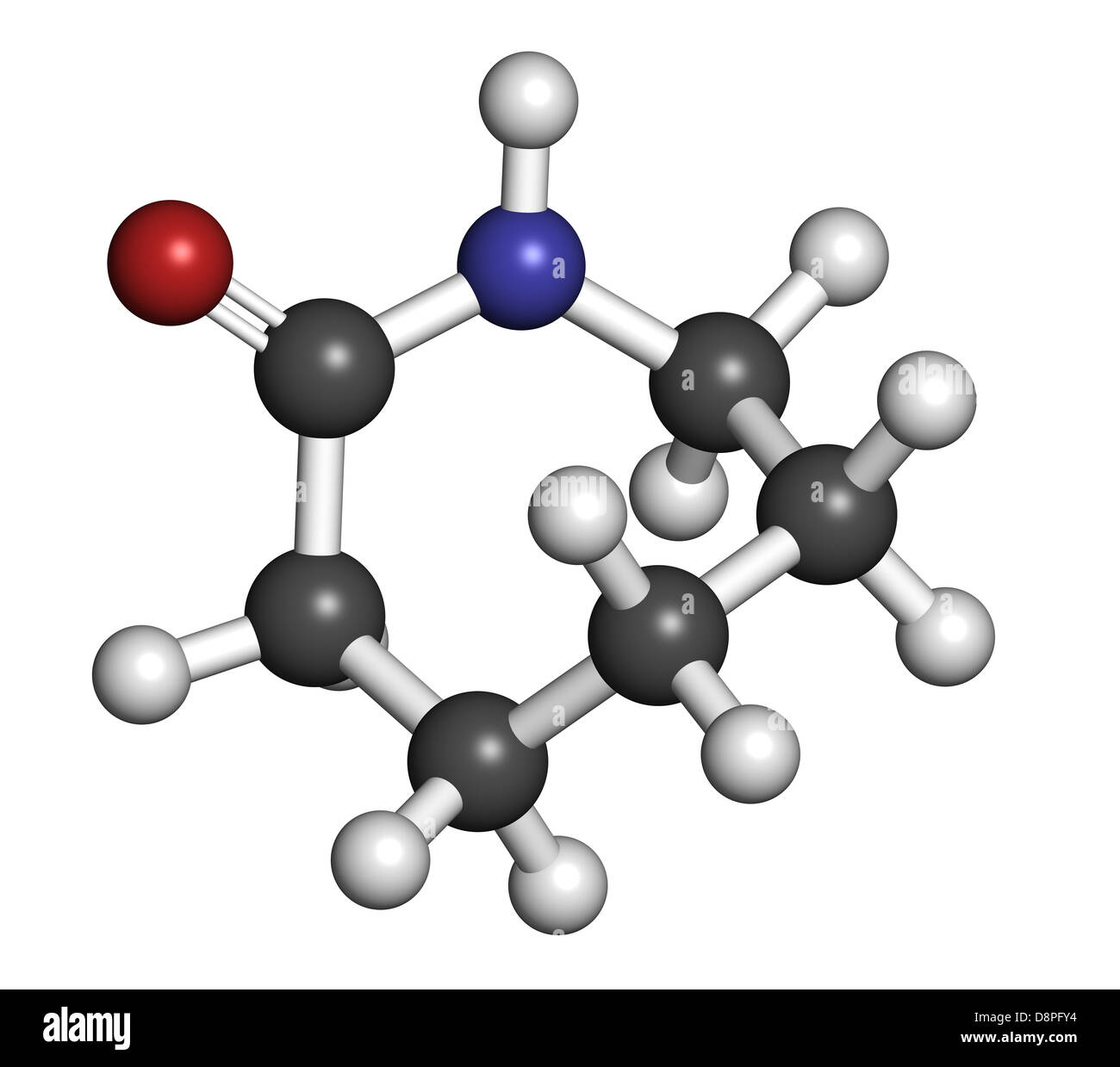 Caprolactam, Building Block aus Nylon-6 (Polycaprolactam) Kunststoff. Atome werden als Kugeln mit herkömmlichen Farbe dargestellt. Stockfoto