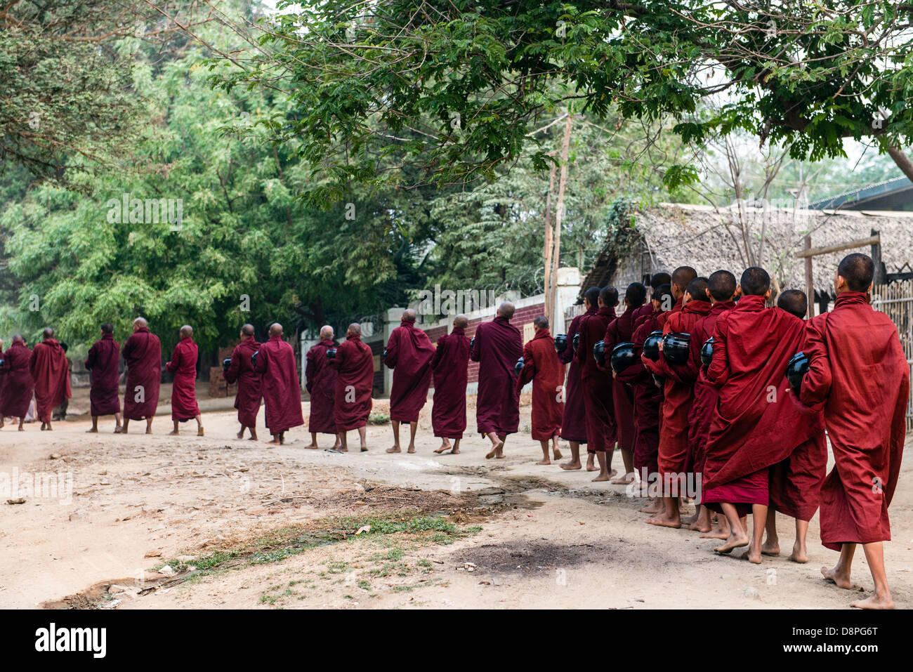 Buddhistische Mönche sammeln Almosen (oder Schüsseln) Essen am Morgen von Dorfbewohnern in der Nähe von Bagan Burma Myanmar Stockfoto