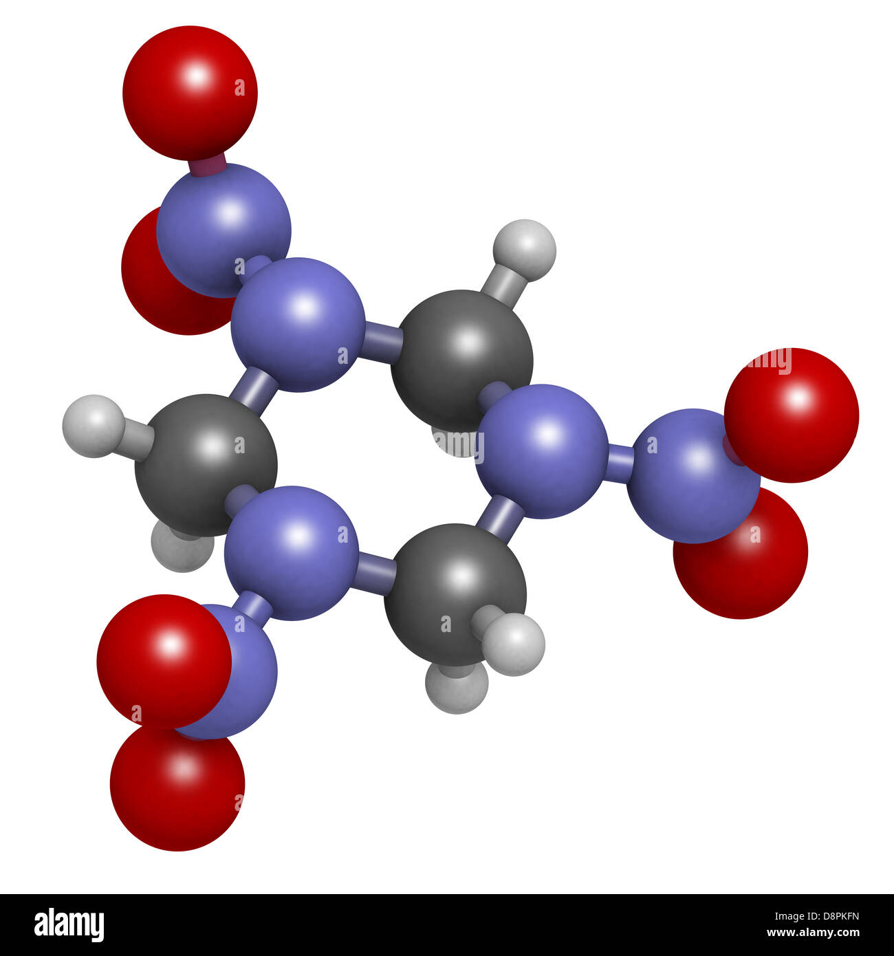 RDX (Cyclonite, Hexogen) explosive Molekül, chemische Struktur. Atome werden als Kugeln mit konventionellen Farbkodierung dargestellt. Stockfoto