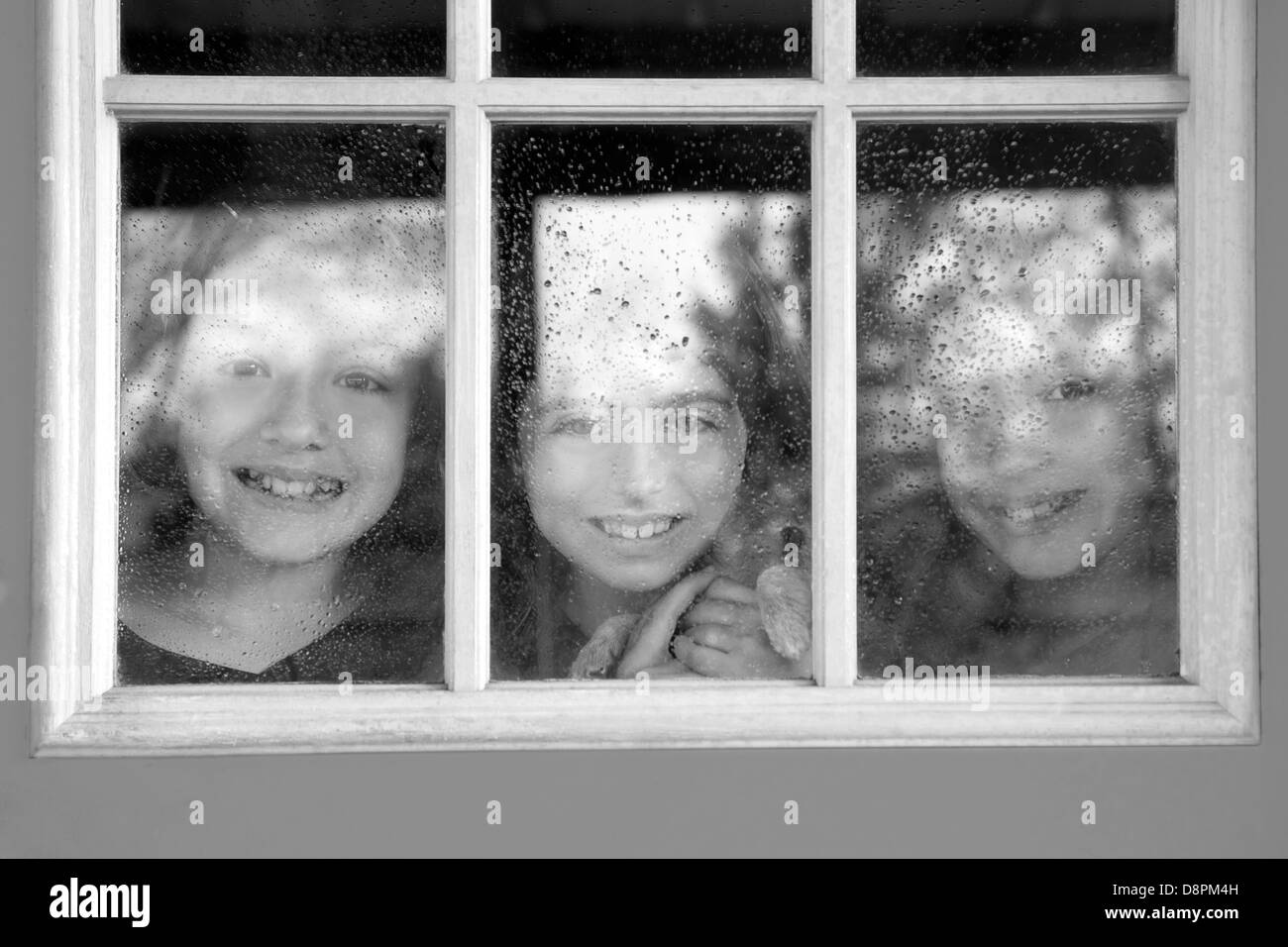 drei Schwester Freunde Blick durch das Fenster mit einem Welpen und Regentropfen Stockfoto