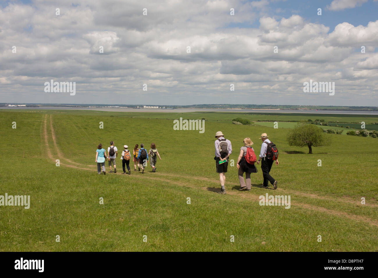 Eine Gruppe von Land Wanderer zu Fuß von Grünland in der Nähe von Halstow auf die Kent Themse-Mündung Sümpfe, potenziell bedroht von einer zukünftigen Flughafen London Mündung einen Abhang hinunter. Stockfoto