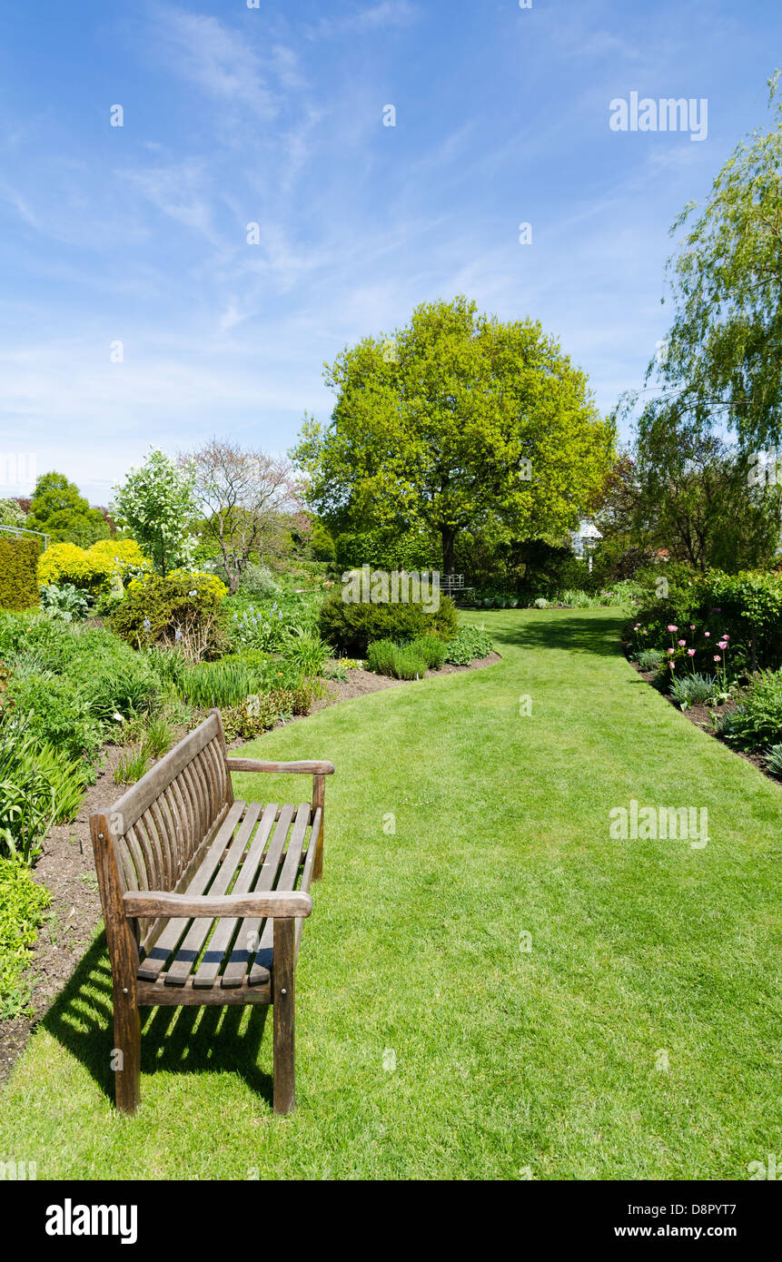 Eine Gartenbank auf der Wiese Stockfoto