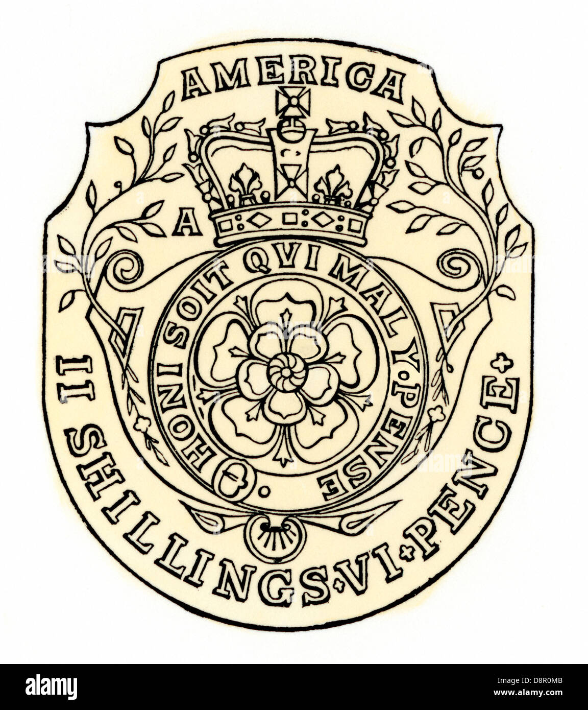 Stempel in der Stamp Act, 1765 ausgestellt. Hand - farbige Holzschnitt Stockfoto