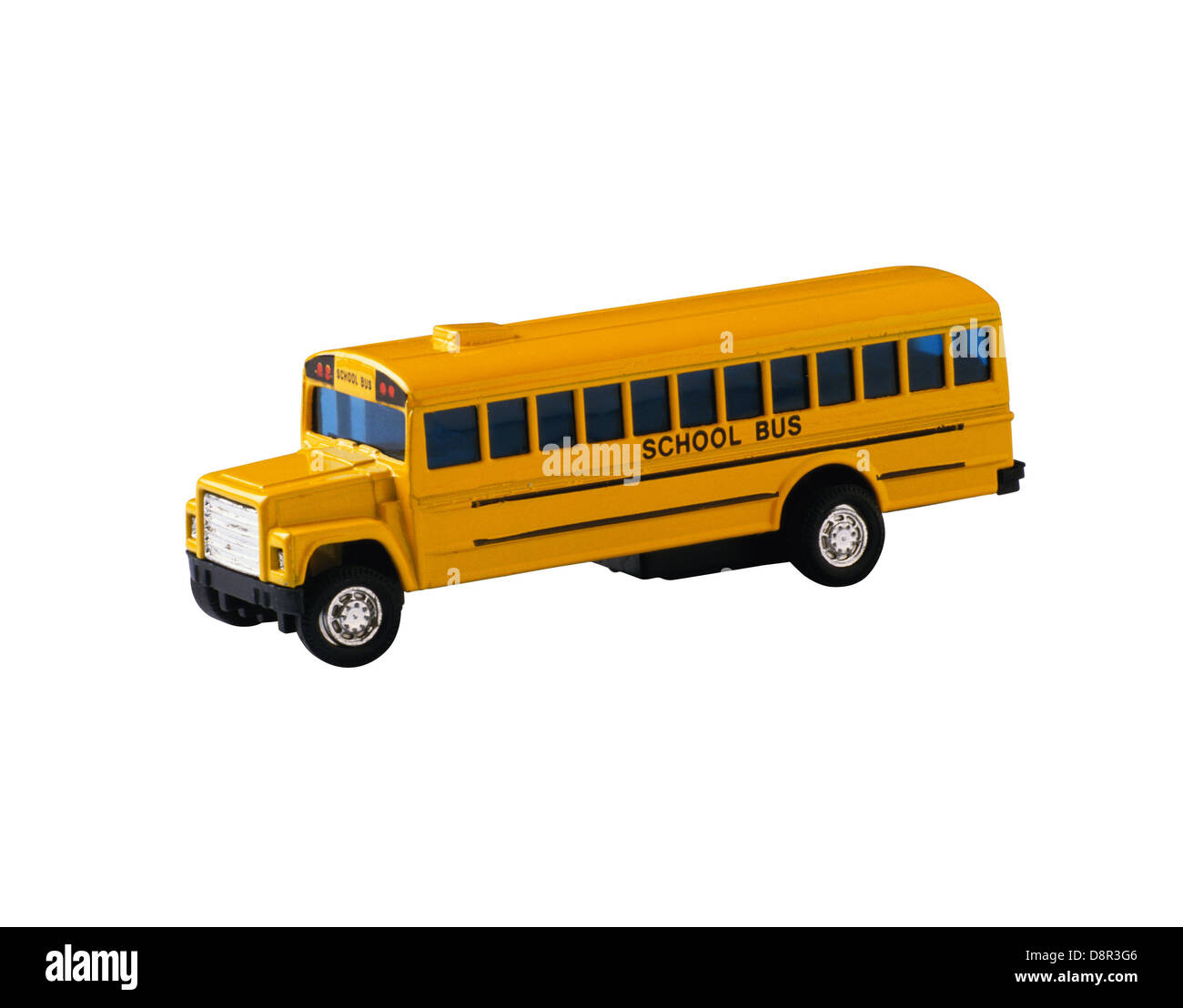 Einzelne Gelbe Schulbus isoliert auf weißem Hintergrund Stockfoto