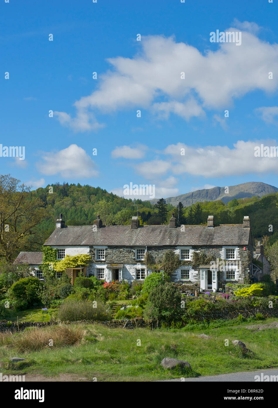 Reihe von Hütten im Dorf Elterwater, Langdale, Nationalpark Lake District, Cumbria, England UK Stockfoto