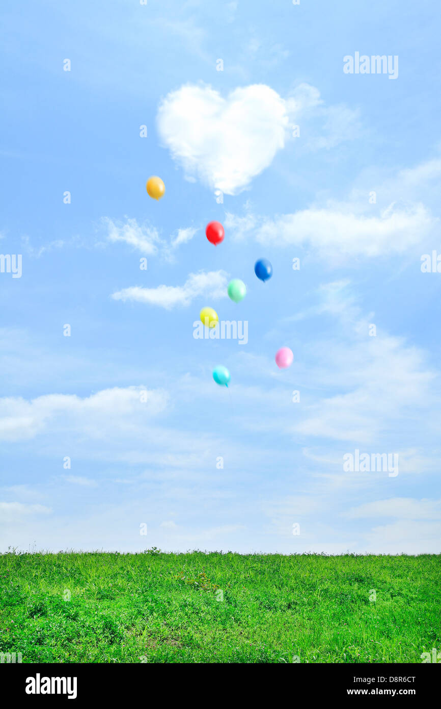 Grünland und Himmel mit fliegenden Ballons und herzförmige Wolke Stockfoto