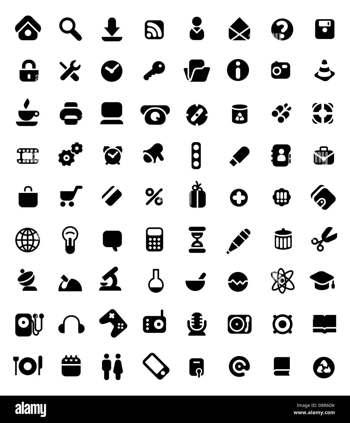 Set von 72 Icons für Website, Computer, Business, Einkaufen, Wissenschaft, Bildung und Musik. Stockfoto