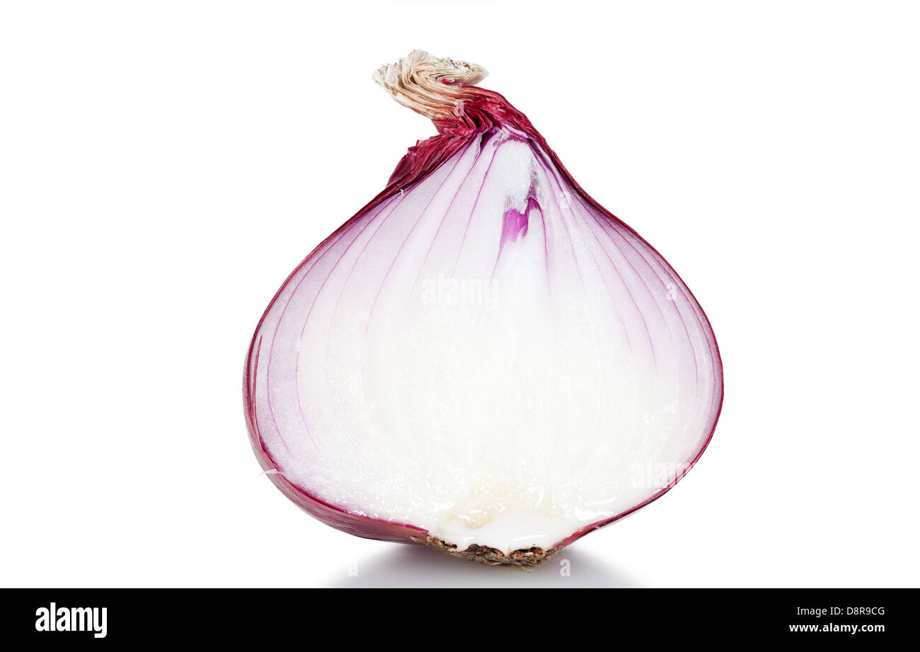 Makroaufnahme einer halbierten roten Zwiebel vor einem weißen Hintergrund isoliert Stockfoto