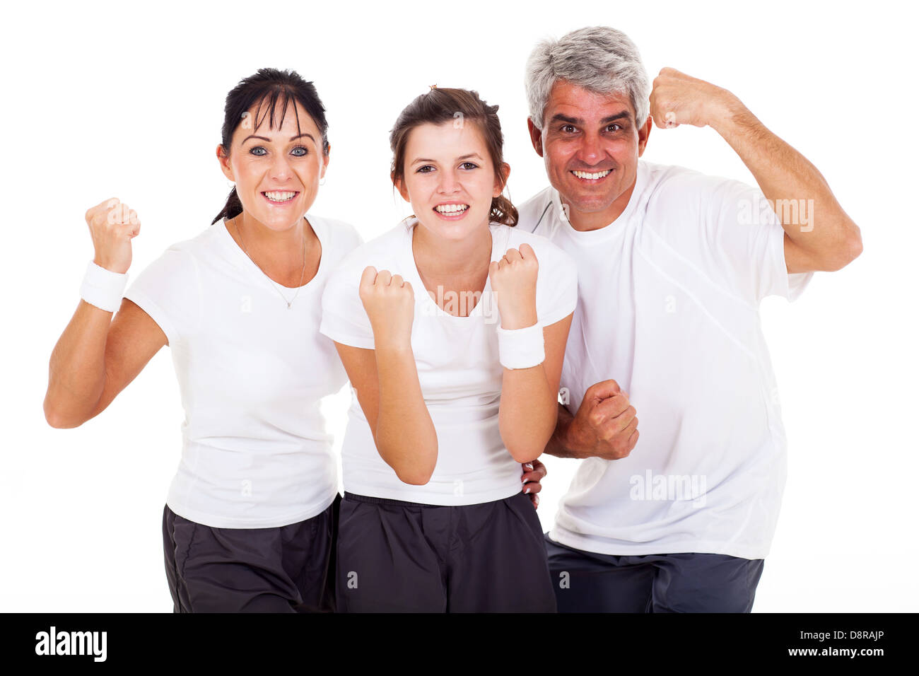 aufgeregt, sportliche Familie auf weißem Hintergrund Stockfoto