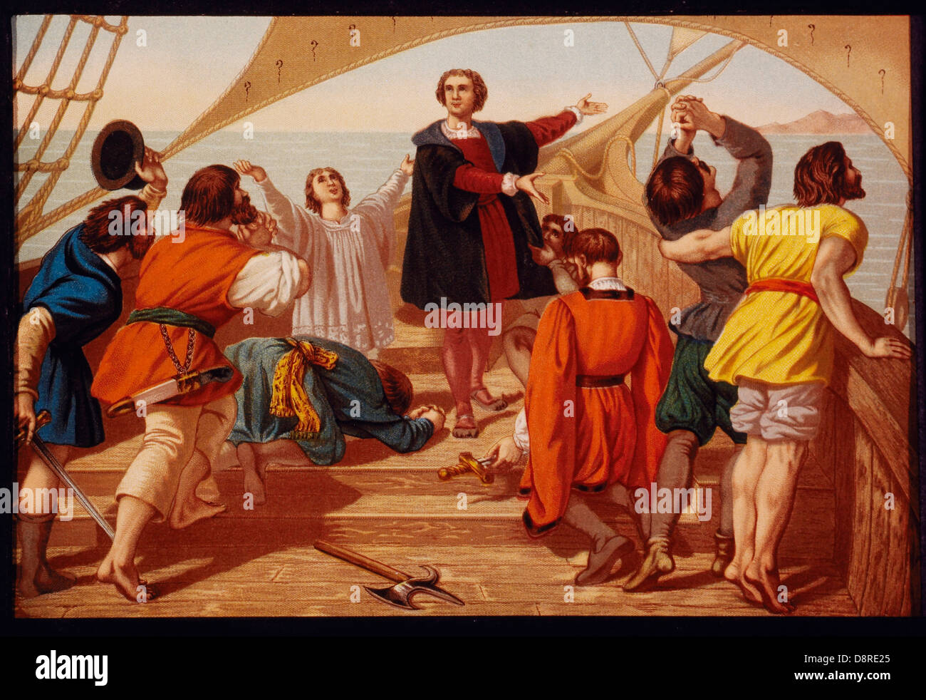 Christopher Columbus erster Blick auf die neue Welt an Bord der Santa Maria, 1492, Farblitho, 1892 Stockfoto
