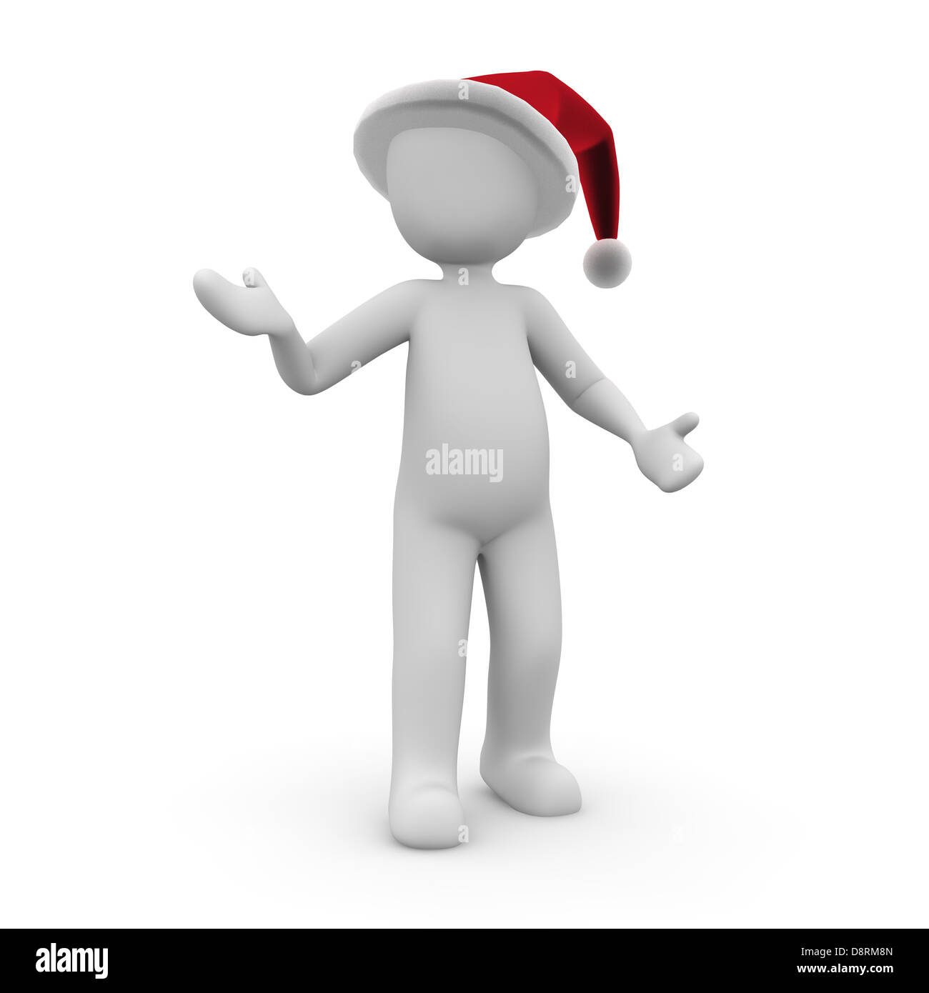 Ein Charakter mit einer Zipfelmütze verkündet Frohe Weihnachten. Stockfoto