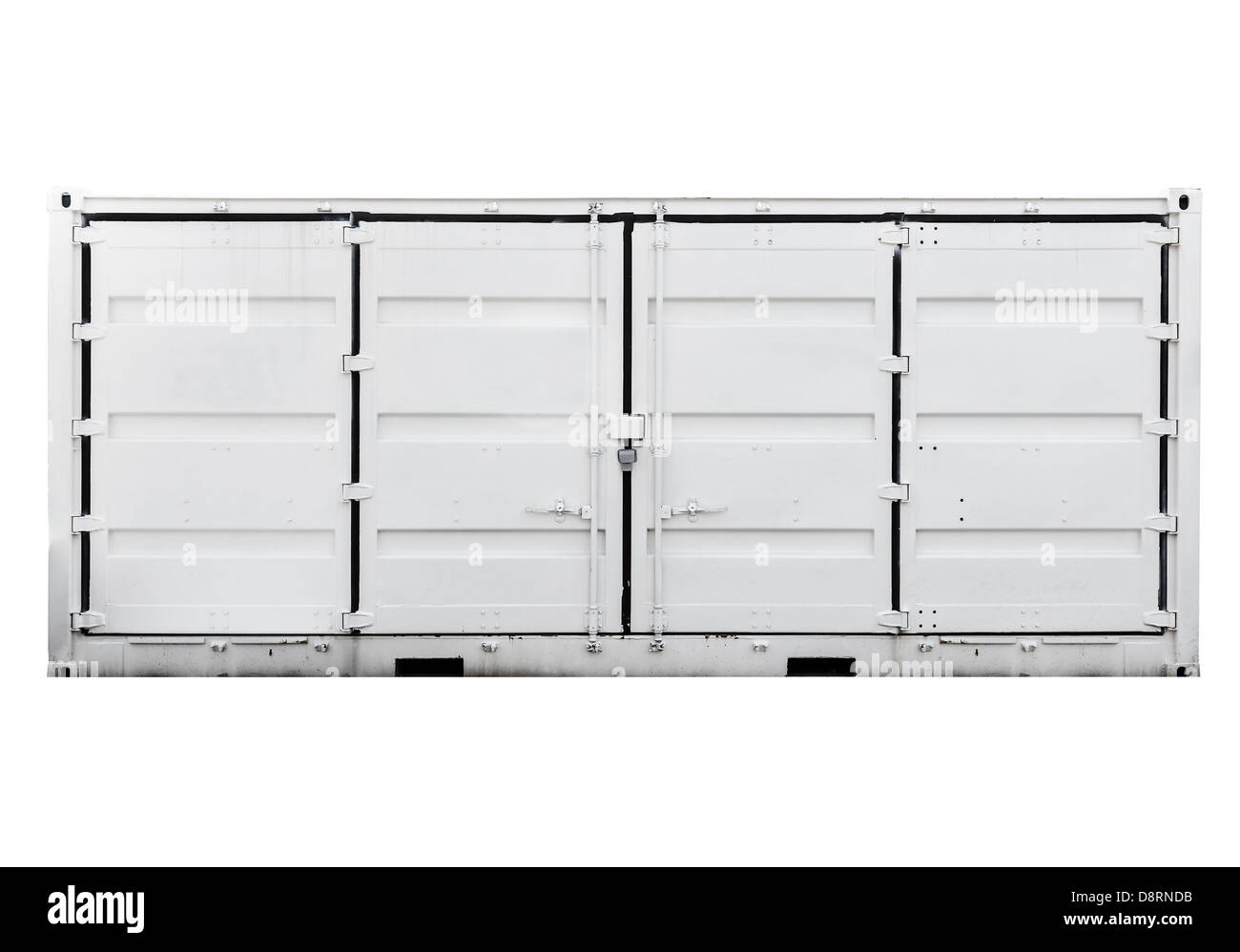 Weißmetall-Container mit Türen isoliert auf weiss. Vorderansicht Stockfoto