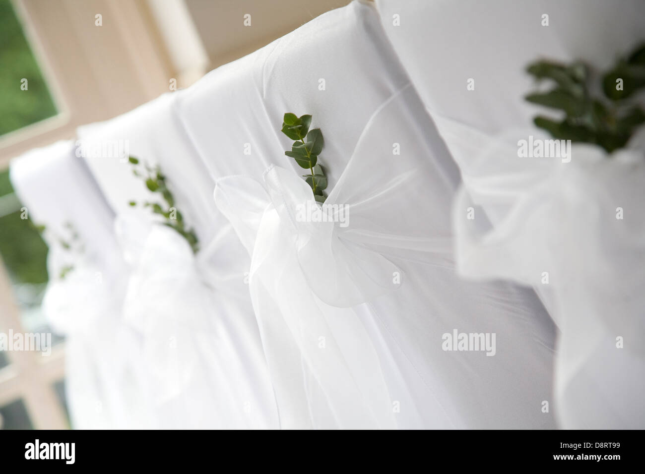 Weiß bedeckt Stuhllehnen angeordnet und dekoriert für eine Hochzeit mit chiffon Bögen und grünem Laub detail Stockfoto