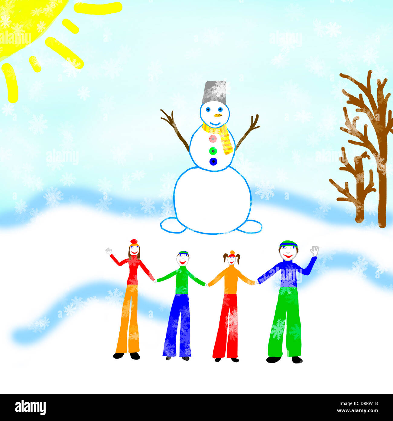 Zeichnung der Familie mit Schneemann Stockfoto