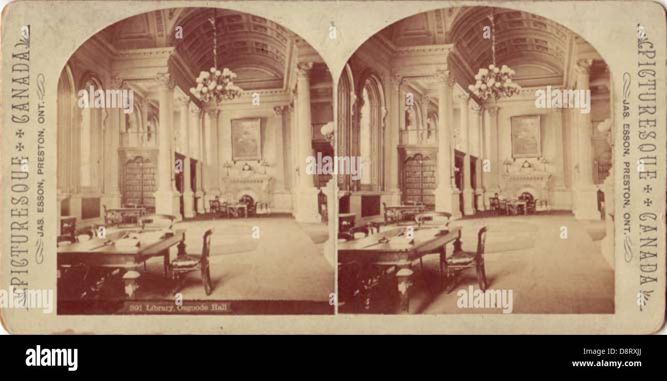 Ein stereoskopisches Bild der Bibliothek in der Osgoode Hall in Toronto, das ihre Architektur und Rolle als wichtige juristische Institution in Kanada zeigt. Das Foto zeigt die Pracht des Raumes und seine historische Bedeutung. Stockfoto