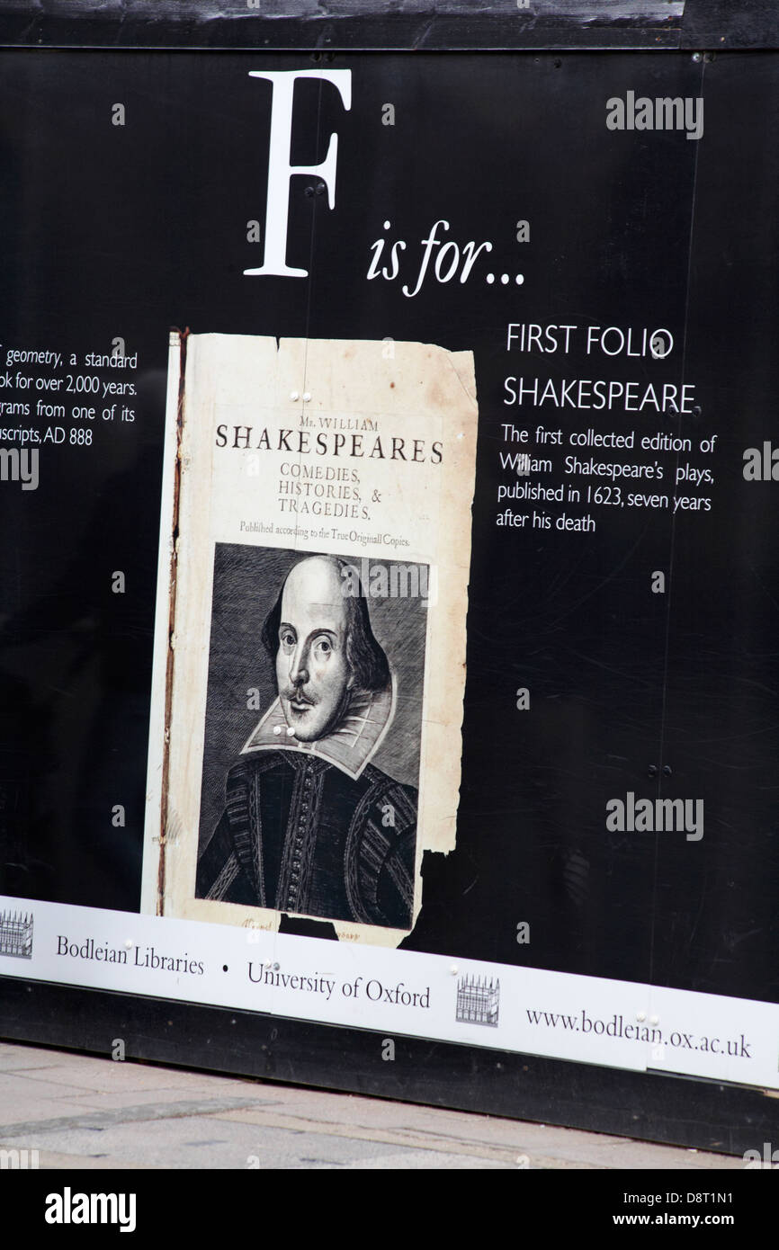 F ist für den ersten Folio Shakespeare Teil des A-Z Boarding in Oxford, Oxfordshire UK im Mai Stockfoto