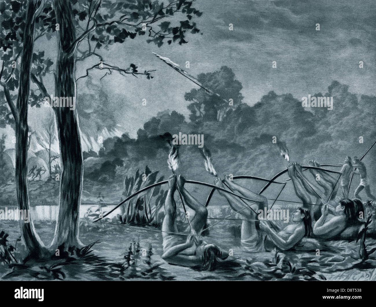 Guarani Indianer, einen Brandanschlag auf ein feindliches Dorf vor der europäischen Entdeckung. Photogravure einer Abbildung Stockfoto