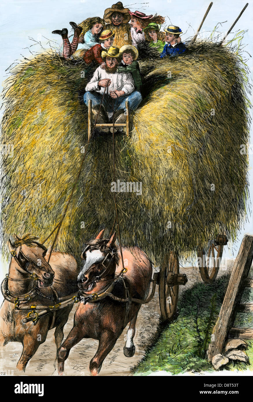 Kinder reiten auf einem Ladewagen durch ein Paar von Pferden gezogen, 1800. Hand - farbige Holzschnitt Stockfoto