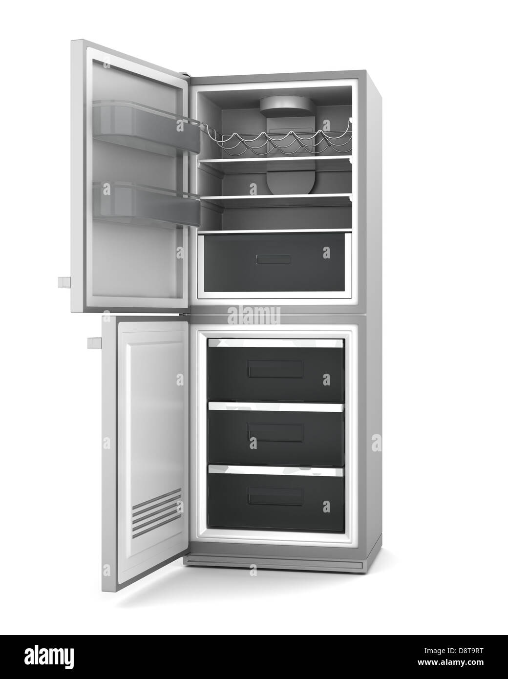 moderner Kühlschrank mit offenen Türen isoliert Stockfoto