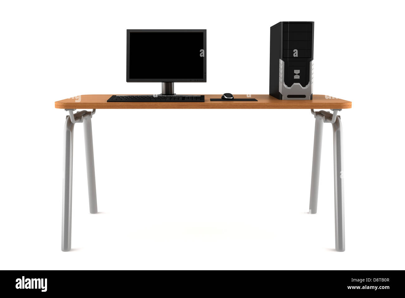 PC auf Tisch isoliert auf weißem Hintergrund Stockfoto