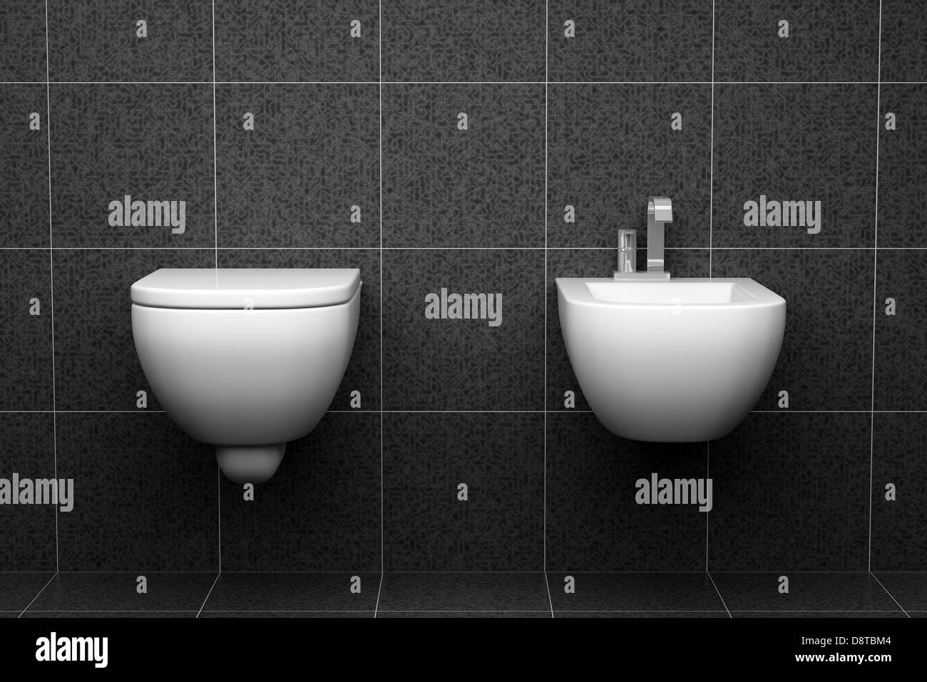 moderne Toilette mit schwarzen Fliesen an Wand Stockfoto