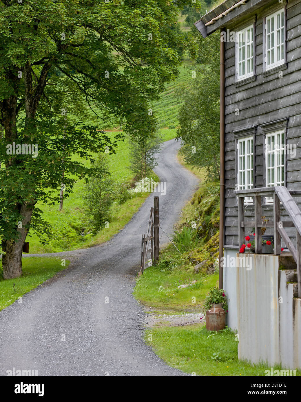 Straße vom Hotel Juvet Landschaft. Hotel liegt am Fluss Valdolla in den westlichen Fjorden Norwegens. Stockfoto