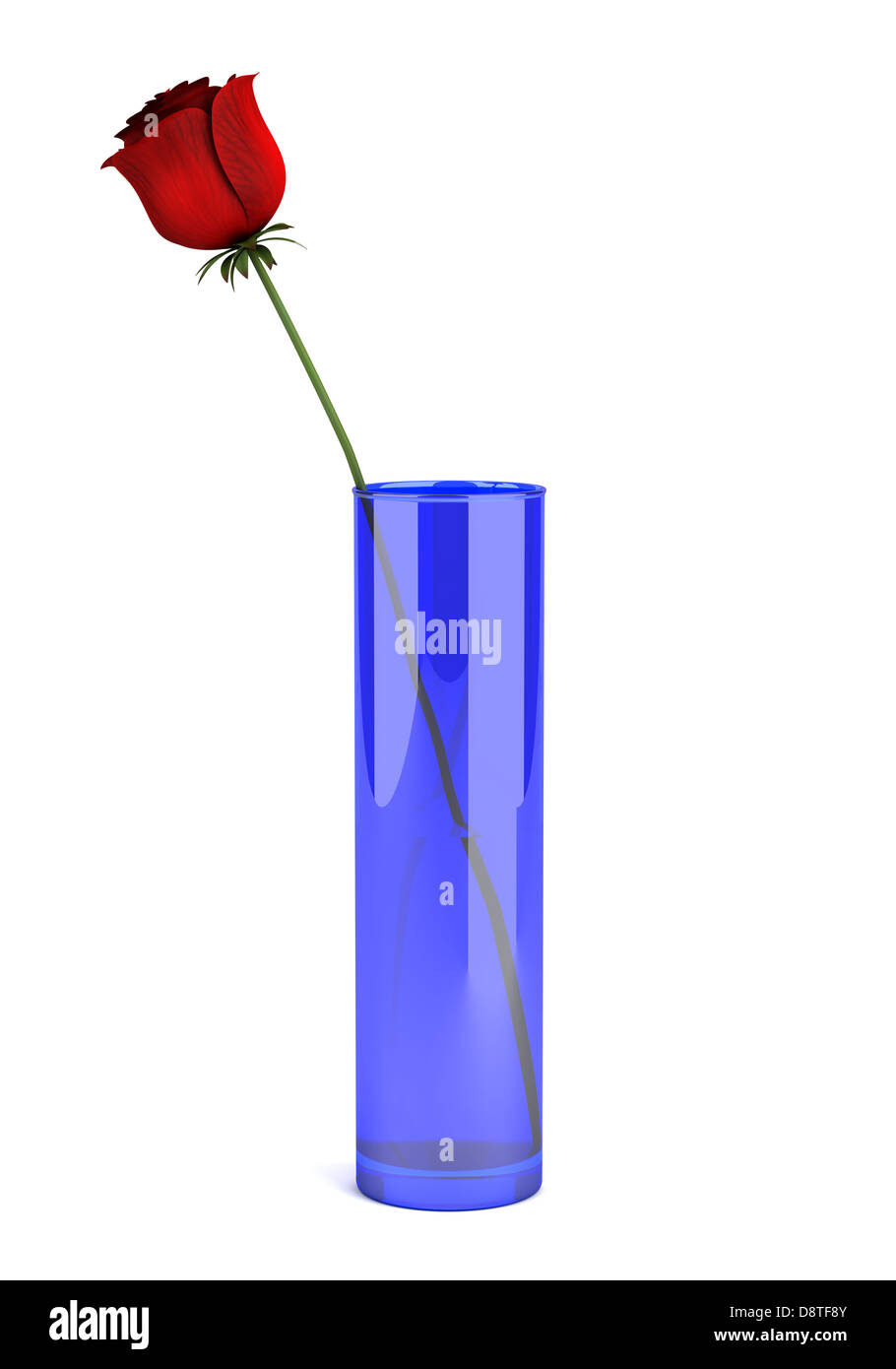 blaue Glas-Vase mit rose isoliert auf weiss Stockfoto