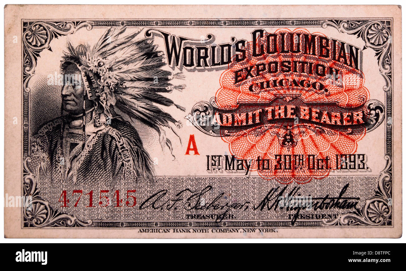 Native American Gravur, Ticket für die World Columbian Exposition, Chicago, Illinois, 1893 Stockfoto