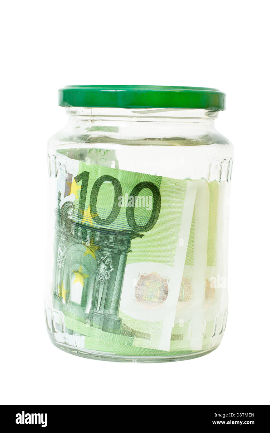 Euro-Banknoten Einsparungen in einem Glas Stockfoto