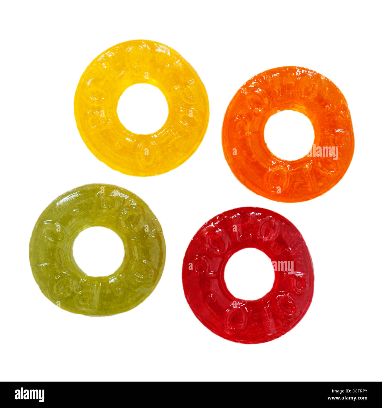 Eine Auswahl an Obst Polo Süßigkeiten auf weißem Hintergrund Stockfoto