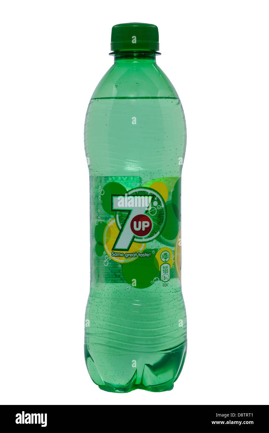 Eine Flasche von 7 bis Zitrone und Limette Limonade auf weißem Hintergrund Stockfoto