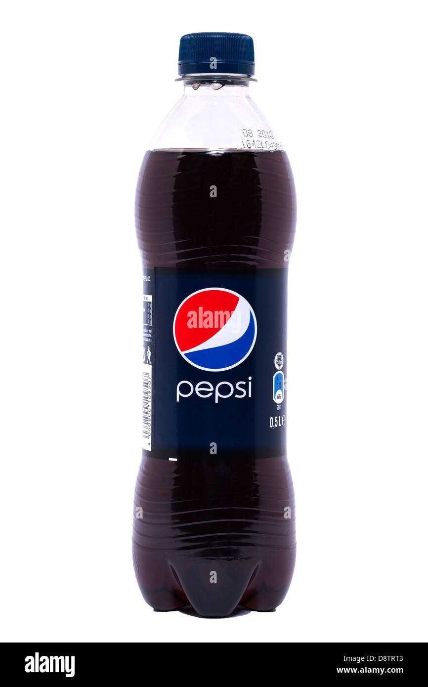 Eine Flasche Pepsi Cola auf weißem Hintergrund Stockfoto