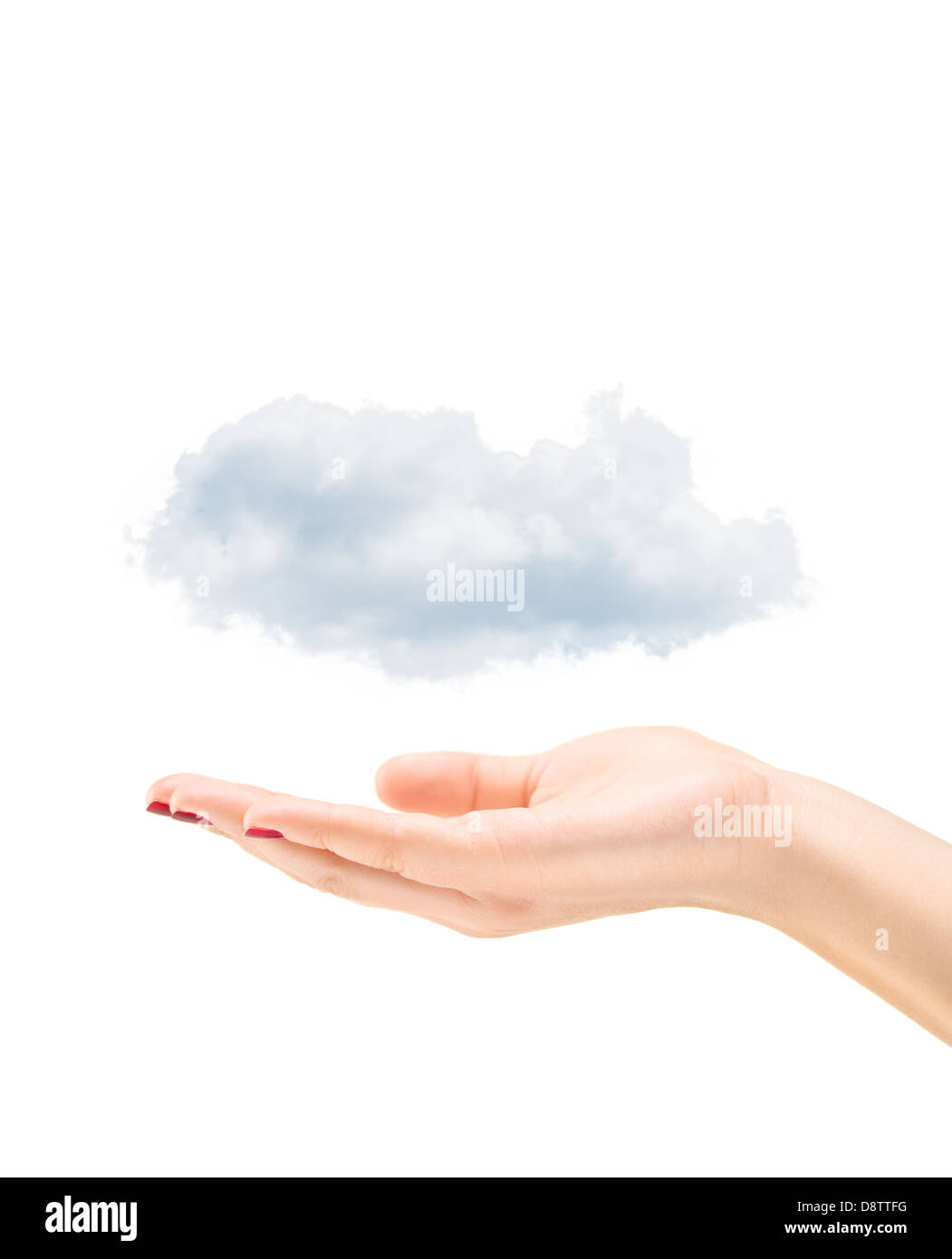 Weibliche Hand, die Wolken, isoliert auf weißem Hintergrund Stockfoto