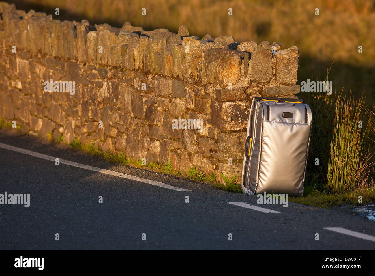 Eine silberne Roller Tasche am Straßenrand allein in Wales Stockfoto