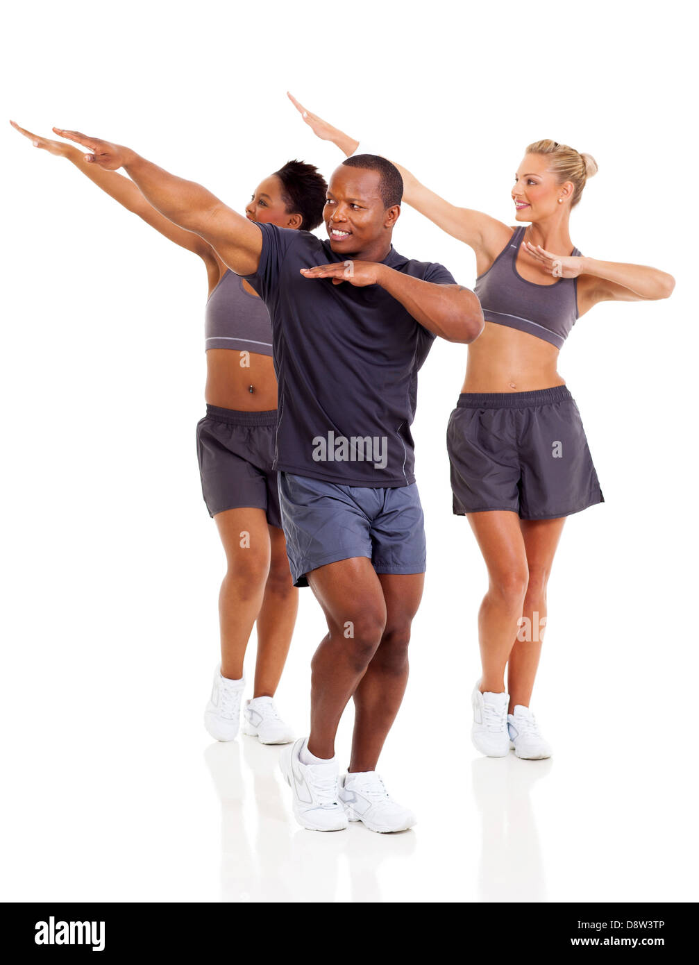 Gruppe von gesunden Menschen trainieren, isoliert auf weißem Hintergrund Stockfoto