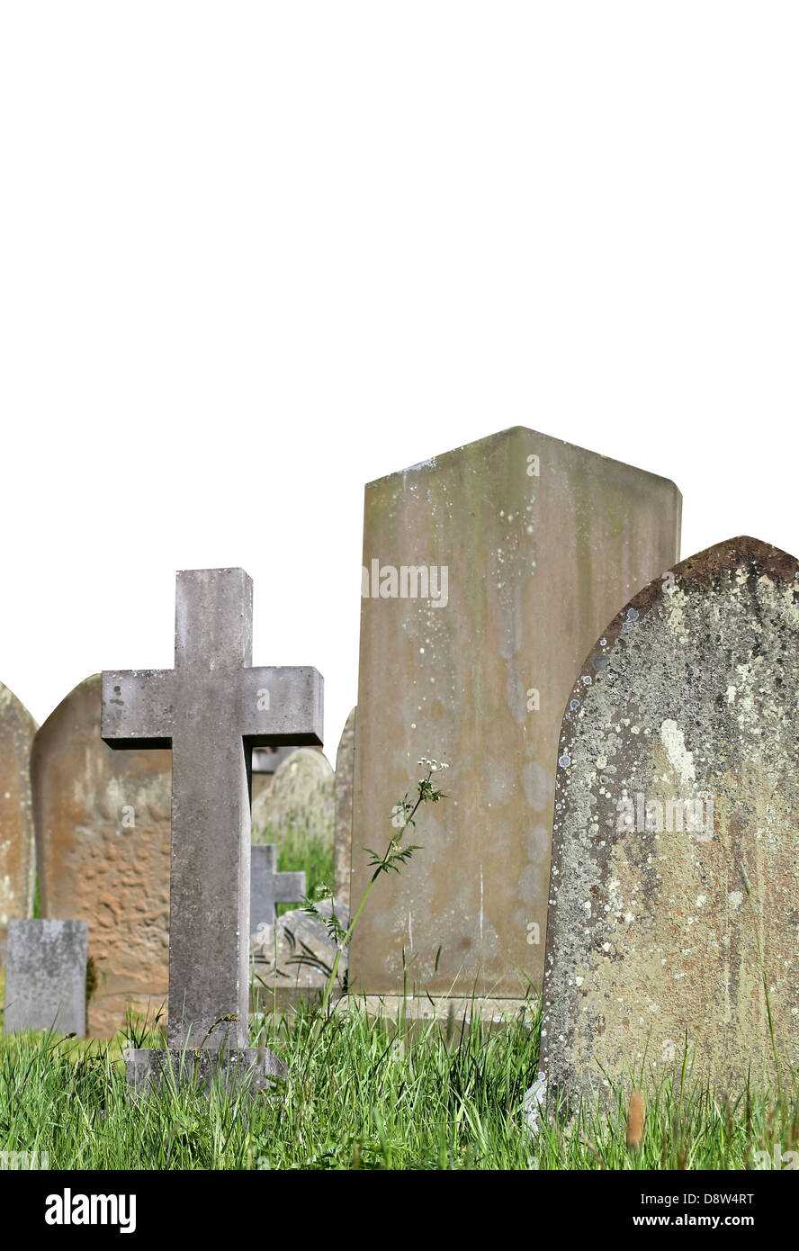 Alter Friedhof Gräber isolierten auf weißen Hintergrund mit Textfreiraum. Stockfoto