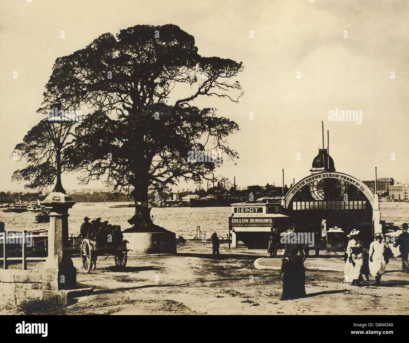 Dieses Schwarzweiß-Foto von 1891, aufgenommen von Sidney William Jackson, zeigt Milsons Point in New South Wales. Das Bild zeigt die historische Architektur und die Uferszene der Gegend während des späten 19. Jahrhunderts. Stockfoto