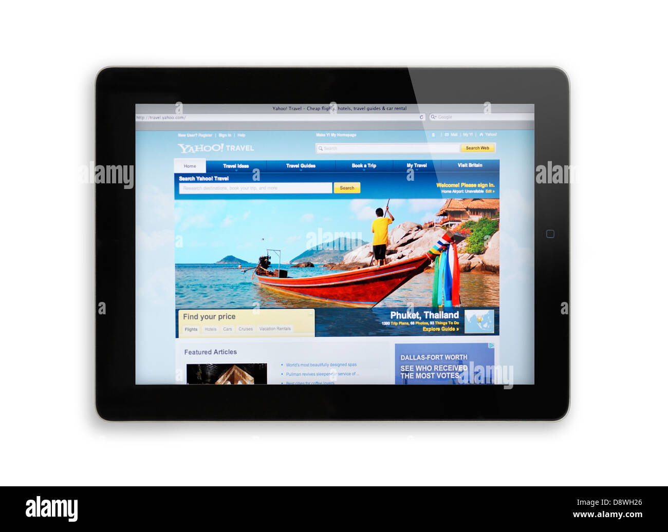 iPad-Bildschirm zeigt Yahoo Travel Website - Online-Reise-Informationen Stockfoto