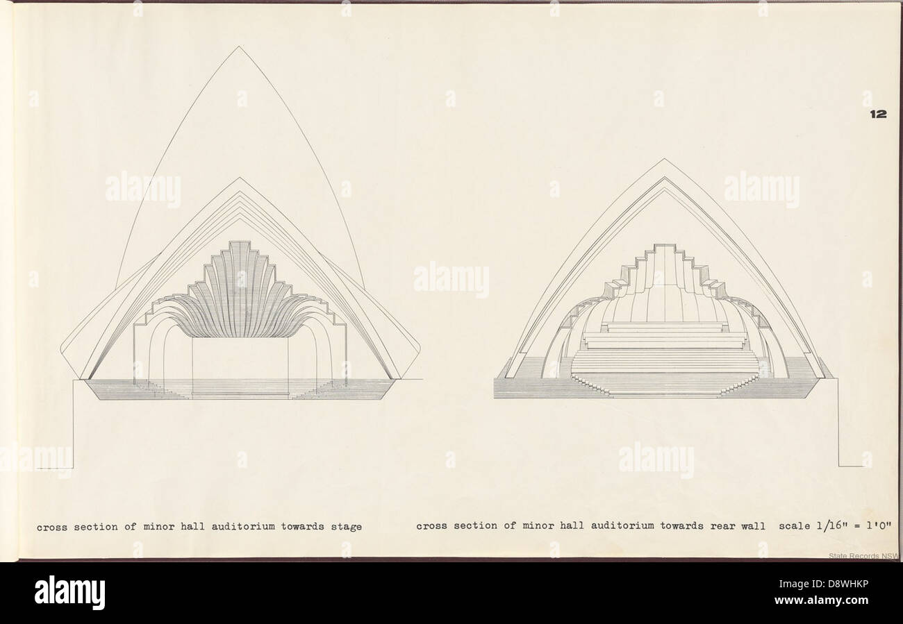 Dieser Querschnitt des Opernhauses von Sydney unterstreicht das innovative architektonische Design von Jørn Utzon. Die Zeichnung zeigt die komplexe Struktur des ikonischen Wahrzeichens und bietet Einblicke in seine einzigartigen und wegweisenden architektonischen Elemente. Stockfoto