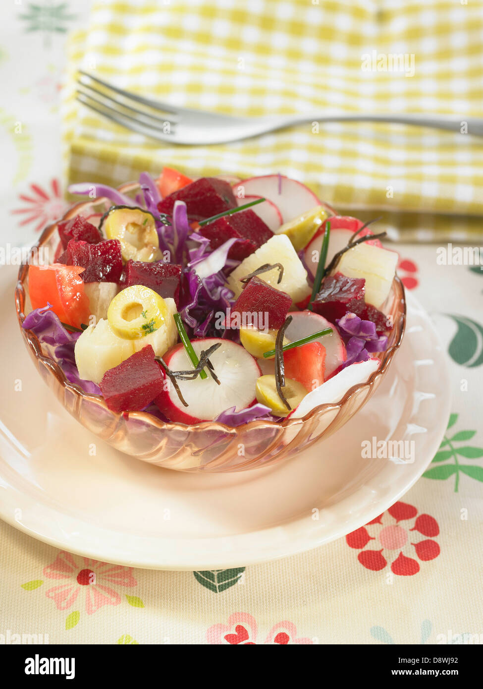 Rote Beete, Rettich, Rotkohl, Tomaten, Algen und Yuca Salat Stockfoto