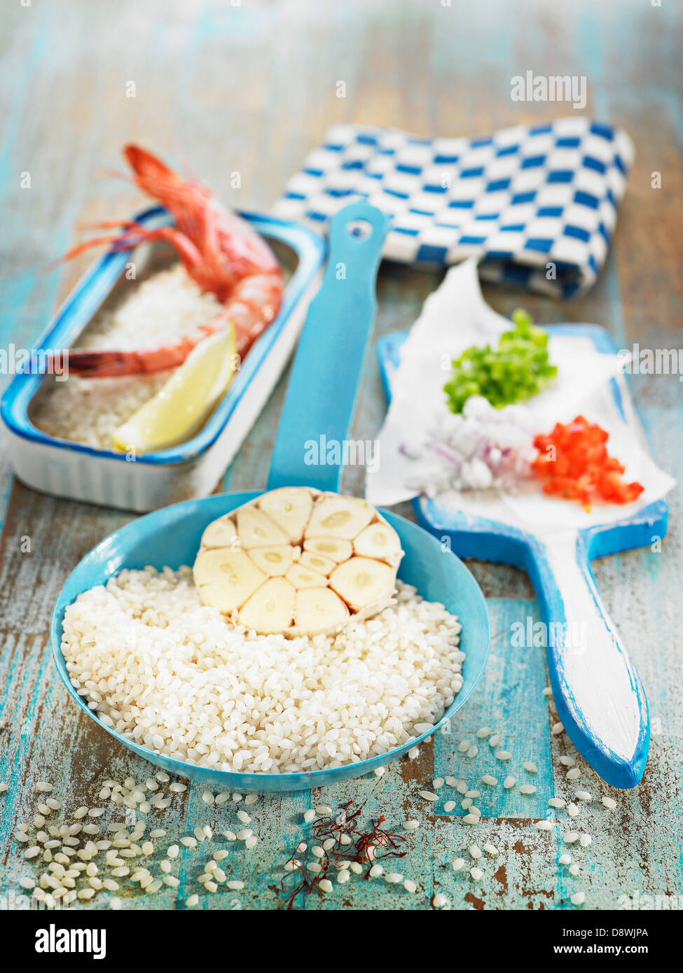 Runde Reis und Zutaten Stockfoto