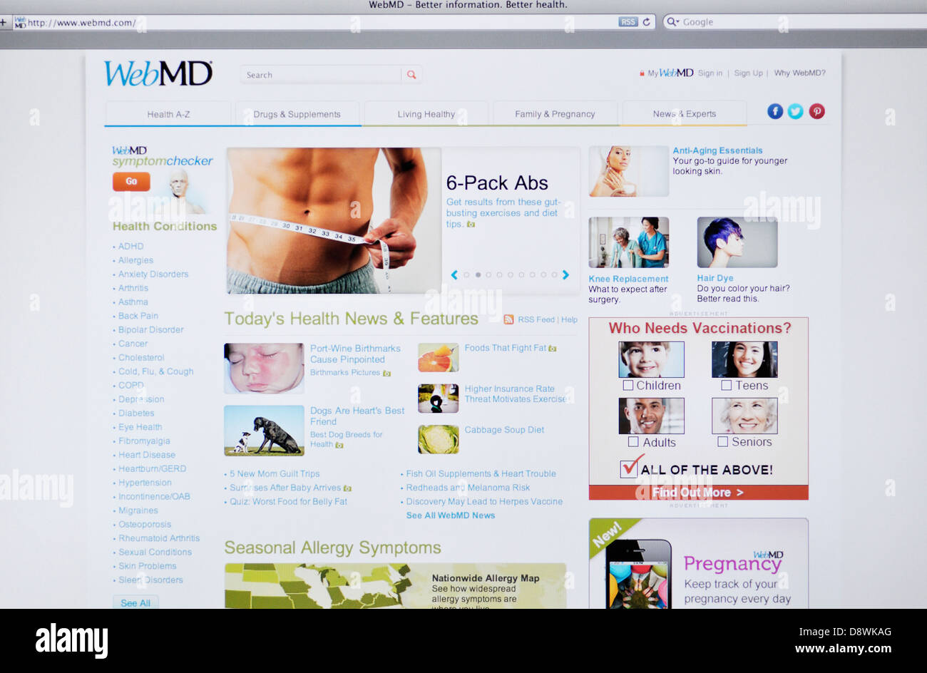 WebMD Gesundheit und medizinische Nachrichten und Informationen website Stockfoto