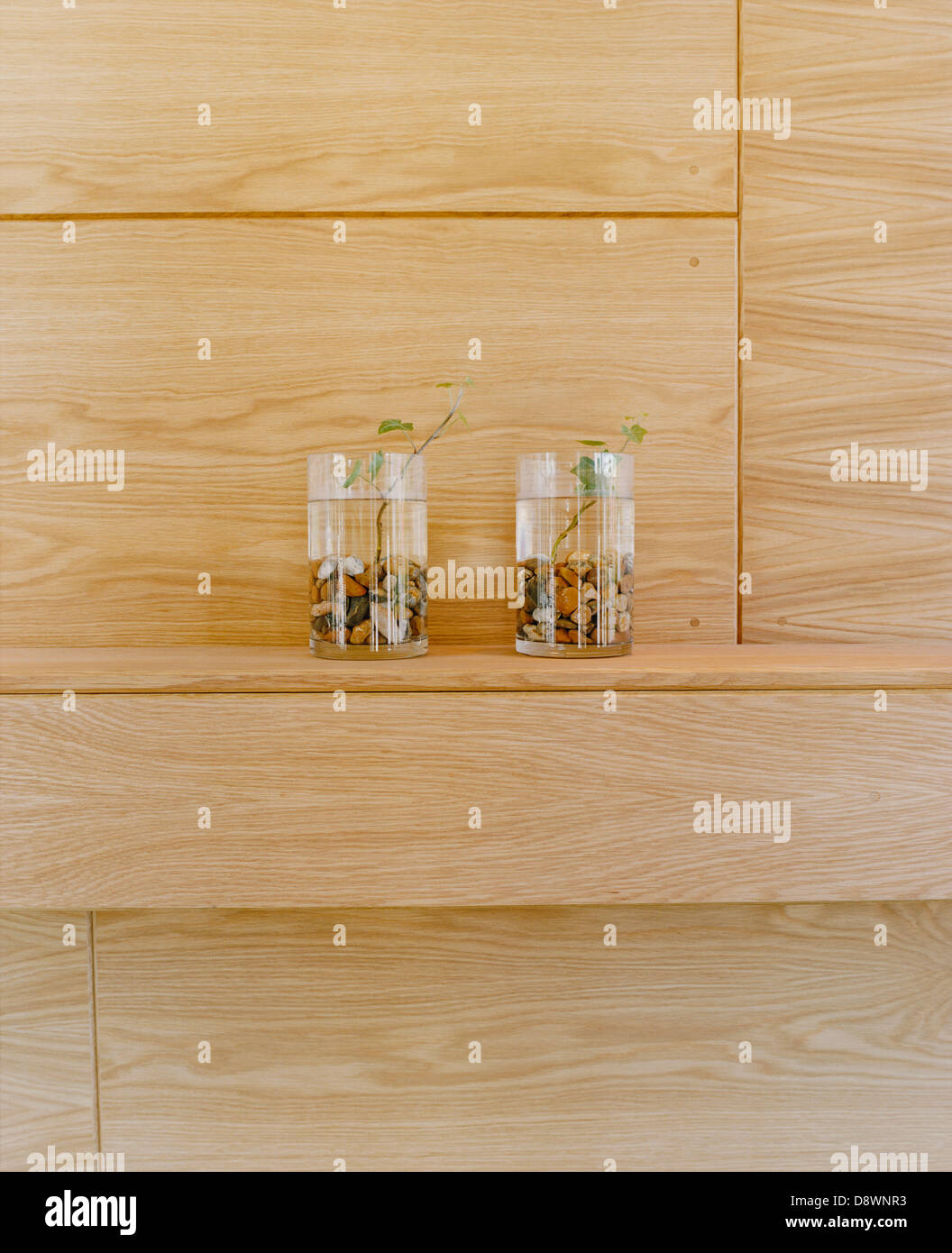 Zwei Vasen auf einem Regal. Stockfoto
